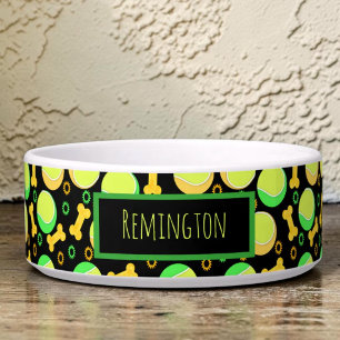 Custom Pet Name Tennis Balls Dog Bones Over Black Bowl