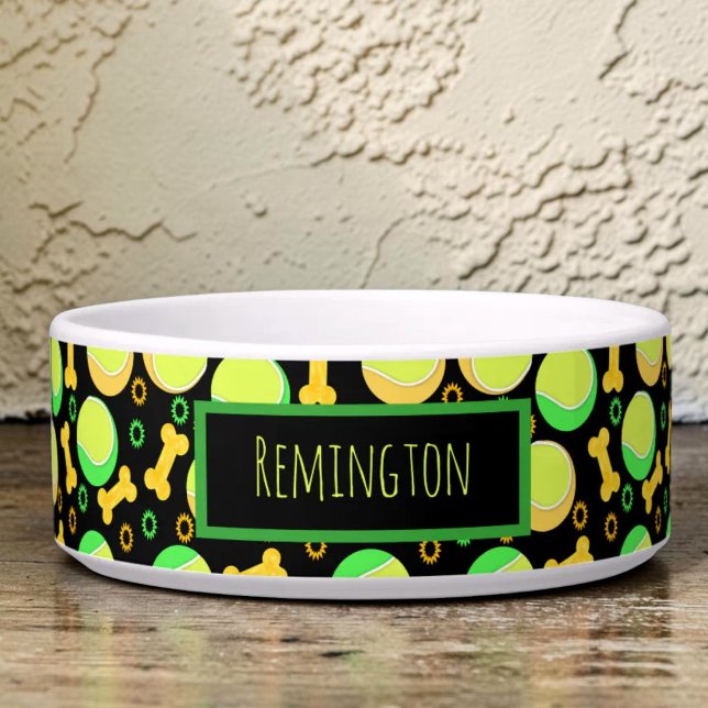 Custom Pet Name Tennis Balls Dog Bones Over Black Bowl (Fun custom pet bowl featuring colorful tennis balls and dog bones on a black background)