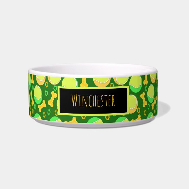 Custom Pet Name Tennis Balls Dog Bones Over Black Bowl (Front)