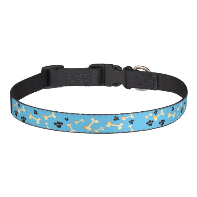 Custom Pet Paws, Cat & Dog Bones Pattern Pink Blue Pet Collar (Front)