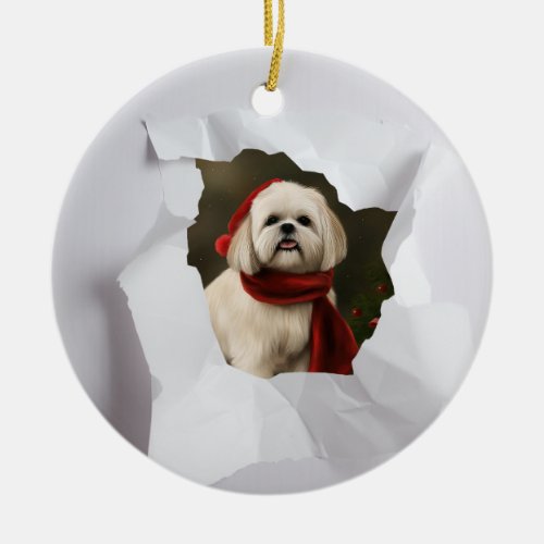 Custom Pet Peeking Through Christmas Ceramic Ornament