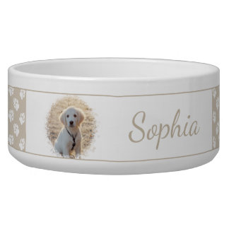 Custom Pet Photo And Beige &amp; White Paws With Name  Bowl