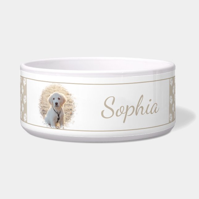 Custom Pet Photo And Beige & White Paws With Name  Bowl (Front)