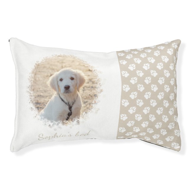 Custom Pet Photo And Beige & White Paws With Text  Bed (Front)