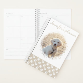 Custom Pet Photo And Beige &amp; White Paws With Text Planner