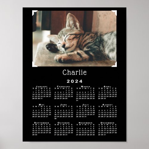 Custom Pet Photo and Name 2024 Calendar Black Poster