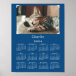 Custom Pet Photo and Name 2024 Calendar Blue Poster<br><div class="desc">Celebrate your pet with a customizable 2024 calendar poster that is perfect for putting in a binder. Replace the sample photo and name in the sidebar. Your custom photograph has 4 *printed* white corners like those used in scrapbooks. A subtle *printed* drop shadow below the photo makes it appear to...</div>