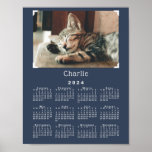 Custom Pet Photo and Name 2024 Calendar Navy Blue Poster<br><div class="desc">Celebrate your pet with a customizable 2024 calendar poster that is perfect for putting in a binder. Replace the sample photo and name in the sidebar. Your custom photograph has 4 *printed* white corners like those used in scrapbooks. A subtle *printed* drop shadow below the photo makes it appear to...</div>