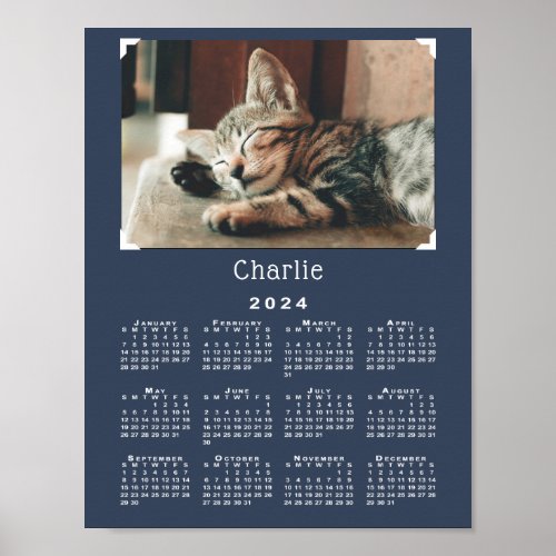 Custom Pet Photo and Name 2024 Calendar Navy Blue Poster