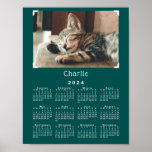 Custom Pet Photo and Name 2024 Calendar Teal Green Poster<br><div class="desc">Celebrate your pet with a customizable 2024 calendar poster that is perfect for putting in a binder. Replace the sample photo and name in the sidebar. Your custom photograph has 4 *printed* white corners like those used in scrapbooks. A subtle *printed* drop shadow below the photo makes it appear to...</div>