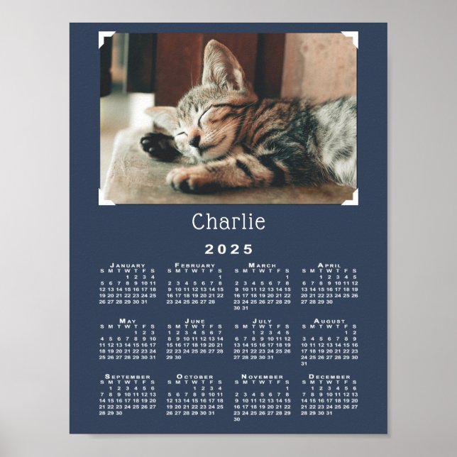 Custom Pet Photo and Name 2025 Calendar Navy Blue Poster (Front)