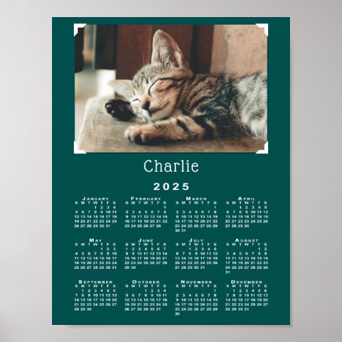 Custom Pet Photo and Name 2025 Calendar Teal Green Poster