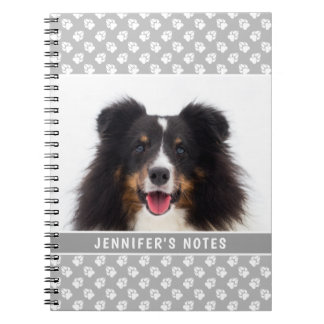 Custom Pet Photo And Paws On Gray &amp; Custom Title Notebook