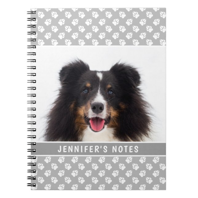 Custom Pet Photo And Paws On Gray & Custom Title Notebook (Front)