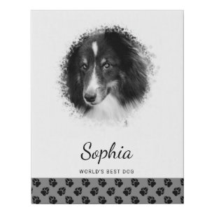 Custom Pet Photo & Black Paws On Gray With Text Faux Canvas Print