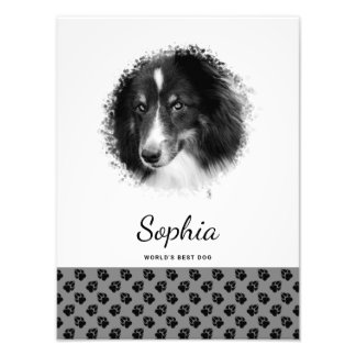 Custom Pet Photo &amp; Black Paws On Gray &amp; Your Text