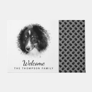Custom Pet Photo & Black Paws On Gray & Your Text Doormat