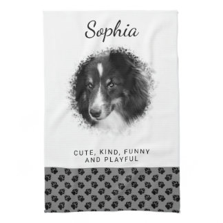Custom Pet Photo &amp; Black Paws On Gray &amp; Your Text Kitchen Towel