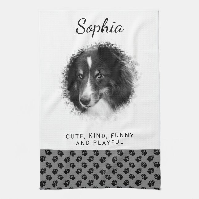 Custom Pet Photo & Black Paws On Gray & Your Text Kitchen Towel (Vertical)