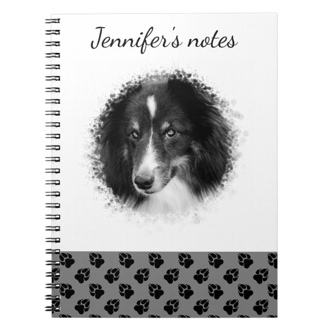 Custom Pet Photo & Black Paws On Gray & Your Text Notebook (Front)