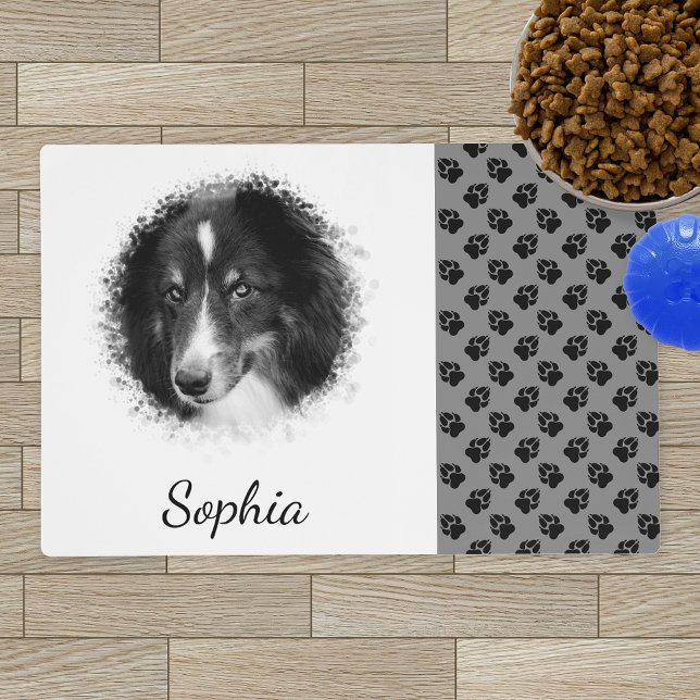 Custom Pet Photo & Black Paws On Gray & Your Text Placemat (Creator Uploaded)