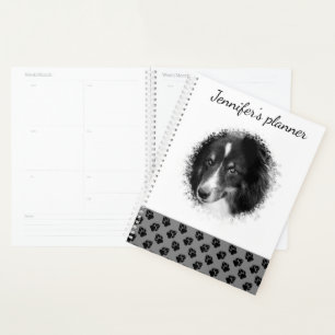 Custom Pet Photo & Black Paws On Gray & Your Text Planner