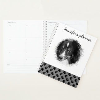 Custom Pet Photo &amp; Black Paws On Gray &amp; Your Text Planner