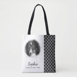 Custom Pet Photo &amp; Black Paws On Gray &amp; Your Text Tote Bag