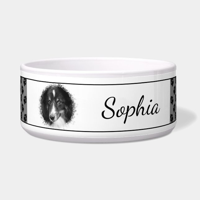 Custom Pet Photo & Black Paws With Pet's Own Name Bowl (Front)