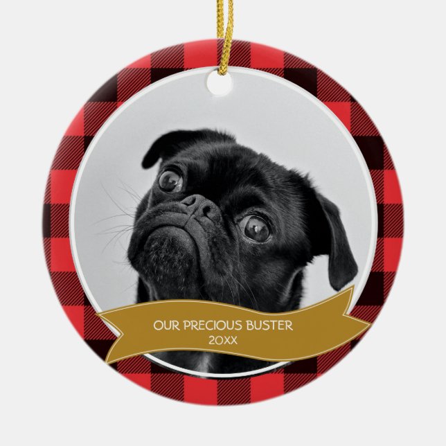 Custom Pet Photo Buffalo Plaid Christmas Ornament (Front)