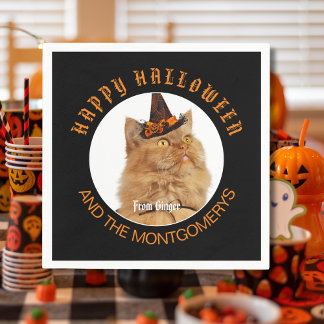 Custom Pet Photo Cat Lover Orange Black Halloween Napkins