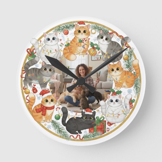 Custom Pet Photo Christmas Cat Wall Clock (Front)
