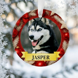 Custom Pet Photo Christmas Red Gold Festive Frame Ornament