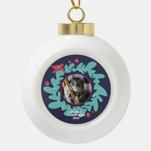 Custom pet photo Christmas wreath frame  Ceramic Ball Christmas Ornament