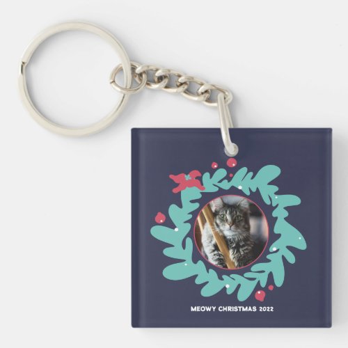 Custom pet photo Christmas wreath frame Keychain