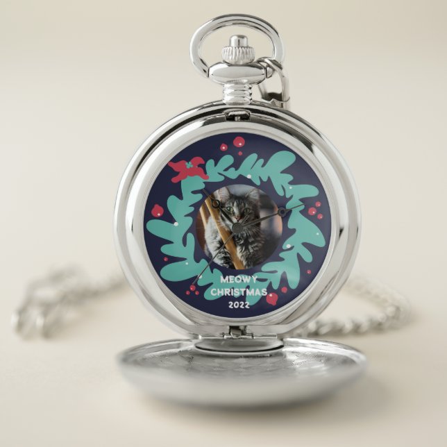 Custom pet photo, Christmas wreath frame  Pocket Watch (Inside)
