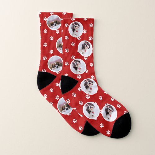 Custom Pet Photo Collage Cute Pattern Red Holiday Socks