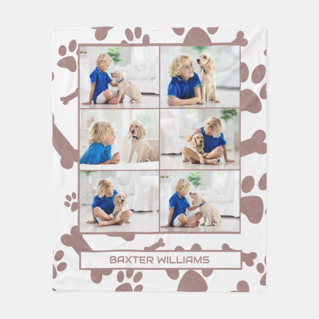 Custom Pet Photo Collage Name Paw Prints Dog Lover Fleece Blanket (Front)