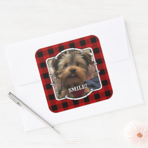 Custom Pet Photo Country Red Buffalo Check Plaid Square Sticker