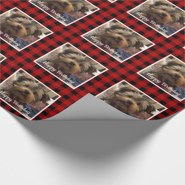 Custom Pet Photo Country Red Buffalo Check Plaid Wrapping Paper (Corner)