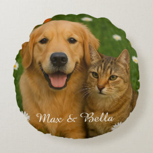 Custom Pet Photo Cute Floral Design For Pet Parent Round Pillow