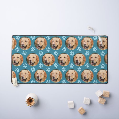 Custom Pet Photo Dog Pattern Blue Desk Mat