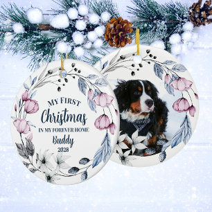 Custom Pet Photo Elegant Floral Christmas Ceramic Ornament