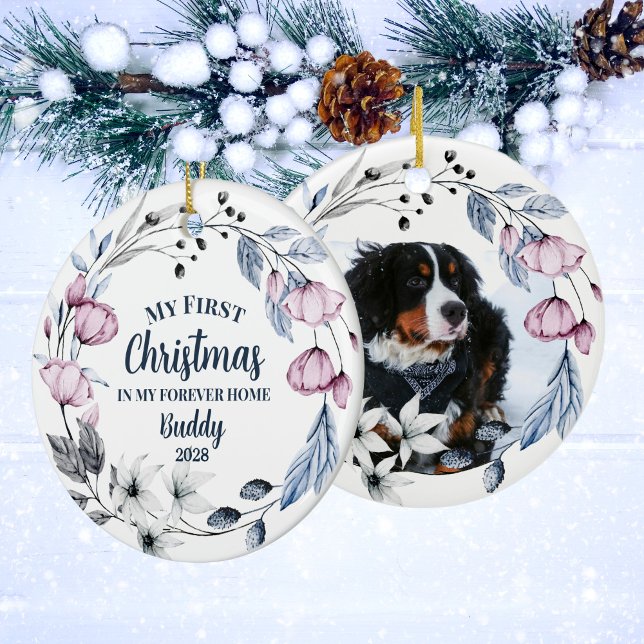 Custom Pet Photo Elegant Floral Christmas Ceramic Ornament (Creator Uploaded)
