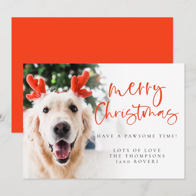 Custom Pet Photo Elegant Script Merry Christmas Holiday Card (Front/Back)