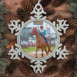 Custom Pet Photo Equestrian Horse Lover  Snowflake Pewter Christmas Ornament<br><div class="desc">Introducing our modern and simple pet photo ornament, the perfect addition to your holiday décor or memorial tribute. For the horse lover and equestrian in your life, this ornament features a beautiful image of a horse, customizable with your own pet's photo and name. Crafted with care, this ornament is made...</div>