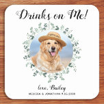 Custom Pet Photo Eucalyptus Dog Wedding Open Bar Square Paper Coaster<br><div class="desc">Drinks On Me! Add the finishing touch to your wedding with these cute custom photo wedding coasters . Perfect for your wedding after party and reception, and as wedding favors for your guests. Customize these photo dog wedding coasters with your favorite wedding photo, dog of honors photo, or your newlywed...</div>