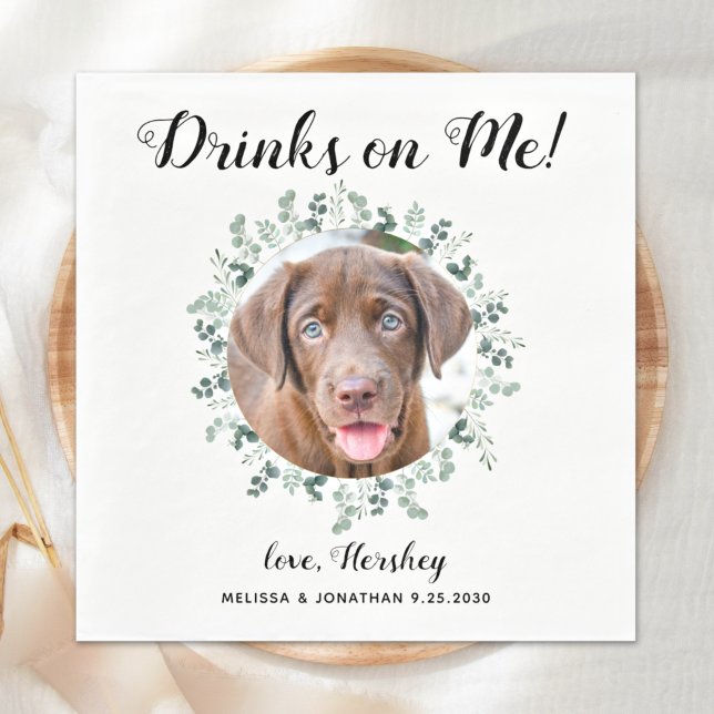 Custom Pet Photo Eucalyptus Open Bar Dog Wedding  Napkins (Creator Uploaded)