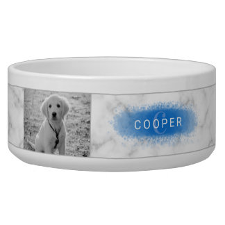 Custom Pet Photo &amp; Faux Marble Texture With Blue Bowl