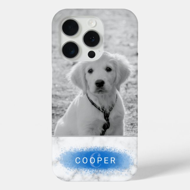 Custom Pet Photo & Faux Marble Texture With Blue Case-Mate iPhone Case (Back)